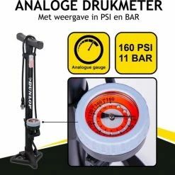 Dunlop Staande Fietspomp Pro Uitvoering - Analoge Drukmeter - Dubbele Ventielkop - Zwart -Fietsen-Accessoires Shop 550x508
