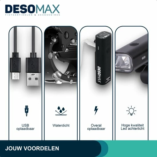 DesoMax Fietsverlichting Set USB Oplaadbaar Heldere Fietslamp - Voorlicht - Achterlicht - Koplamp - Achterlamp 3 DesoMax Fietsverlichting Set USB Oplaadbaar Heldere Fietslamp - Voorlicht - Achterlicht - Koplamp - Achterlamp - Afbeelding 3